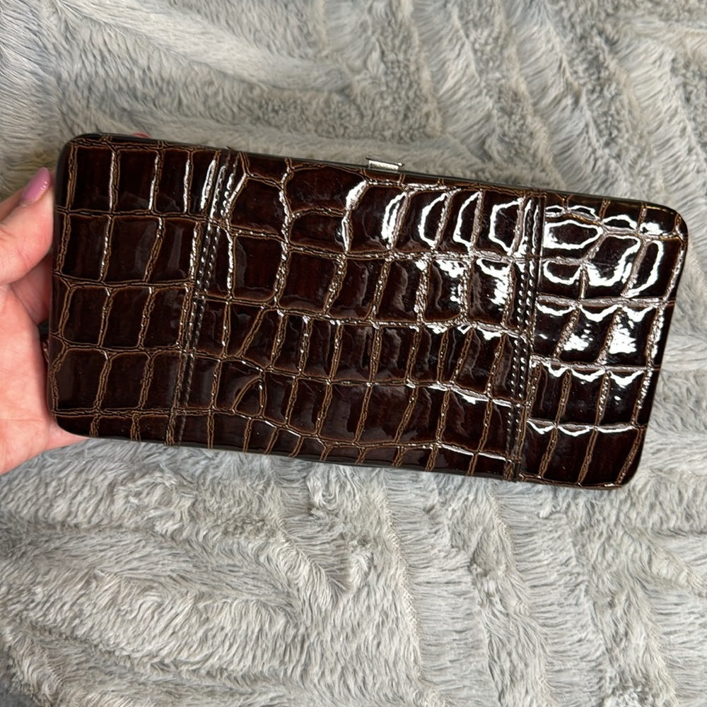 Brown Glossy Crocodile Leather Wallet Clutch with Card Organizer, Snap Closure